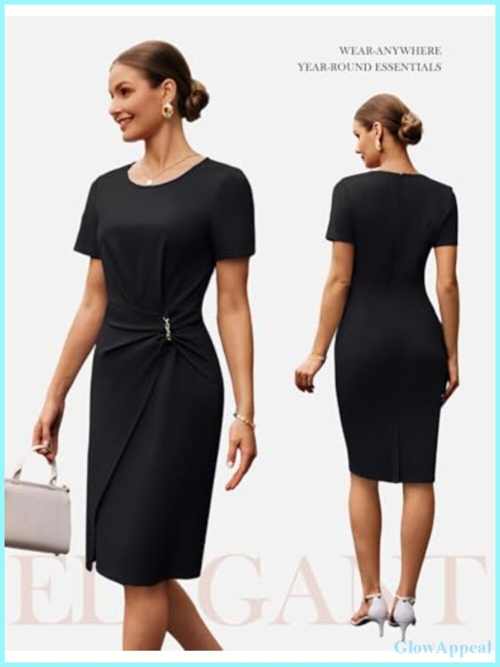 Sheath Bodycon Midi Dress for Women Short Sleeve Formal Office Work Dress with - Picture 2 of 6